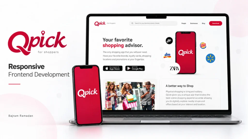 Qpick frontend development project showing the shopping website on a laptop and the app on a mobile screen