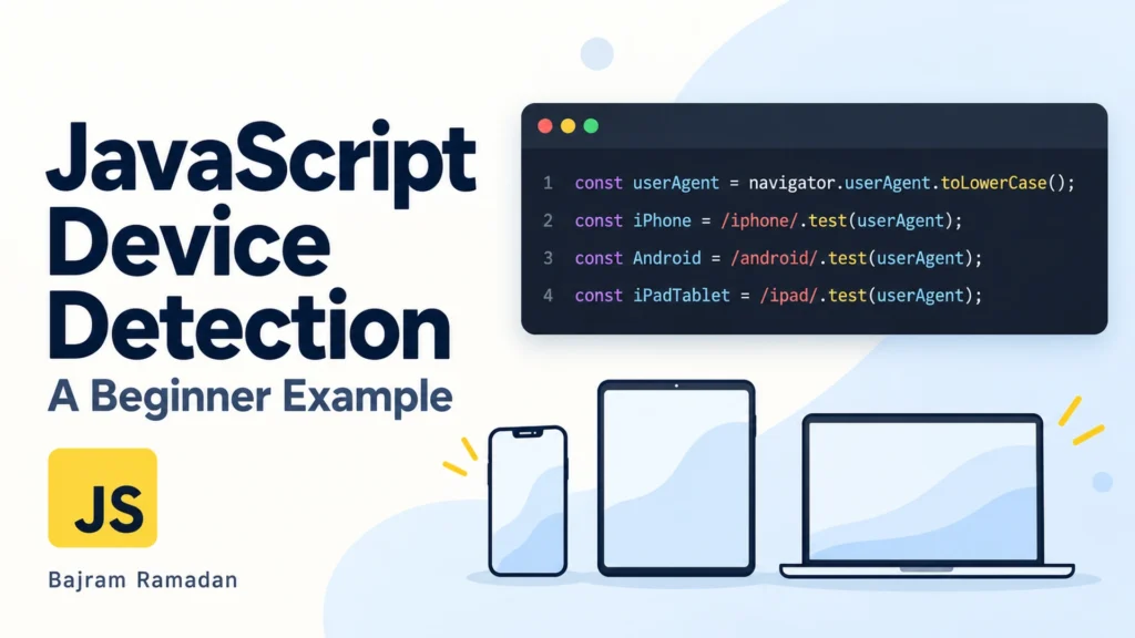 JavaScript device detection beginner example with user-agent checks and phone, tablet and laptop illustrations.