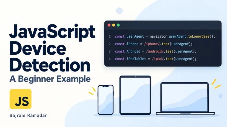 JavaScript device detection beginner example with user-agent checks and phone, tablet and laptop illustrations.