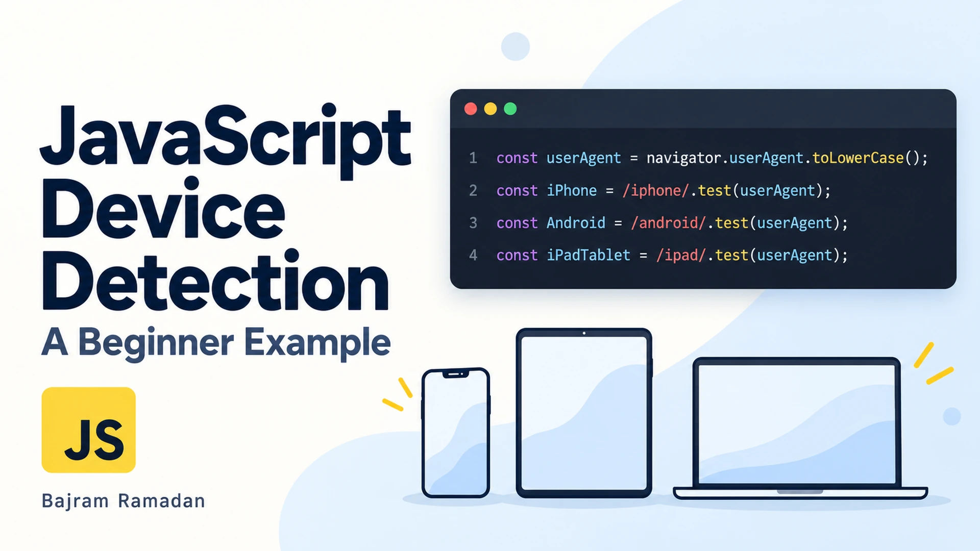 JavaScript device detection beginner example with user-agent checks and phone, tablet and laptop illustrations.