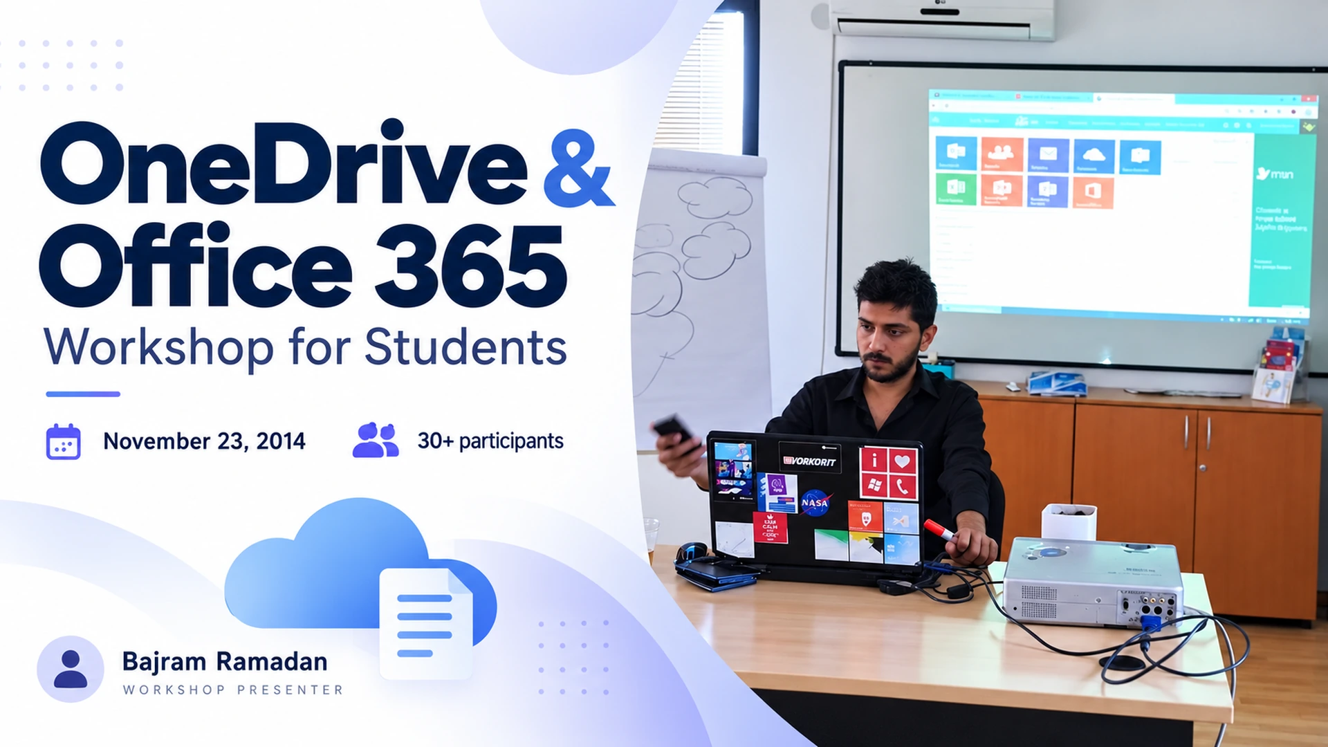 Bajram Ramadan presenting a OneDrive and Office 365 workshop for students in 2014.
