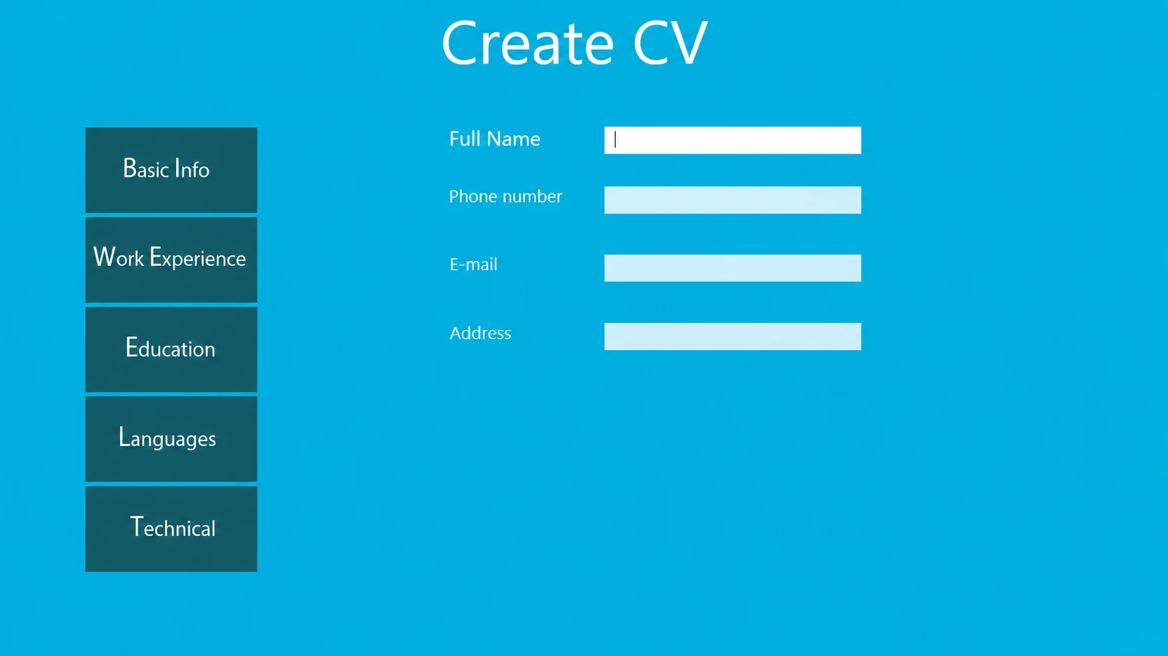 Application screen from CV Builder, developed for Windows 8 during WOWZAPP Macedonia 2012.